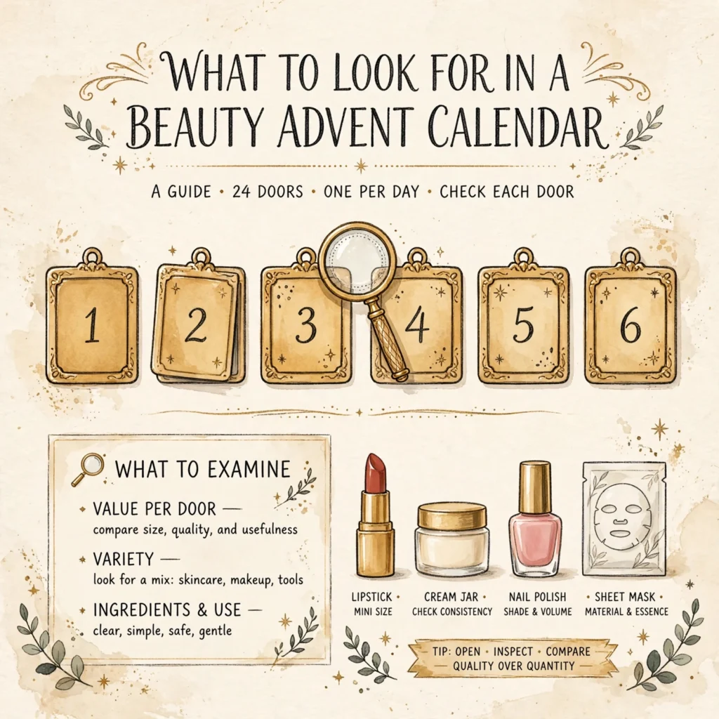 What-to-look-for guide for beauty advent calendars under $50 with magnifying glass and mini beauty items
