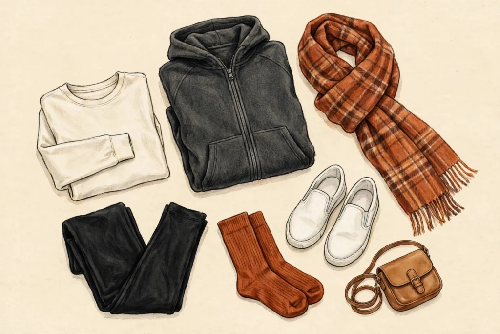 comfortable airport outfits layering system flat lay
