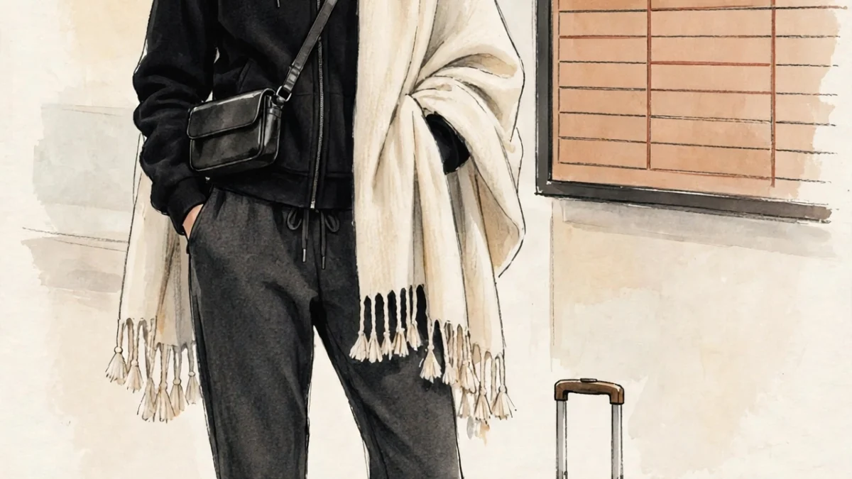 comfortable airport outfits illustrated — woman in fall travel layers at the airport