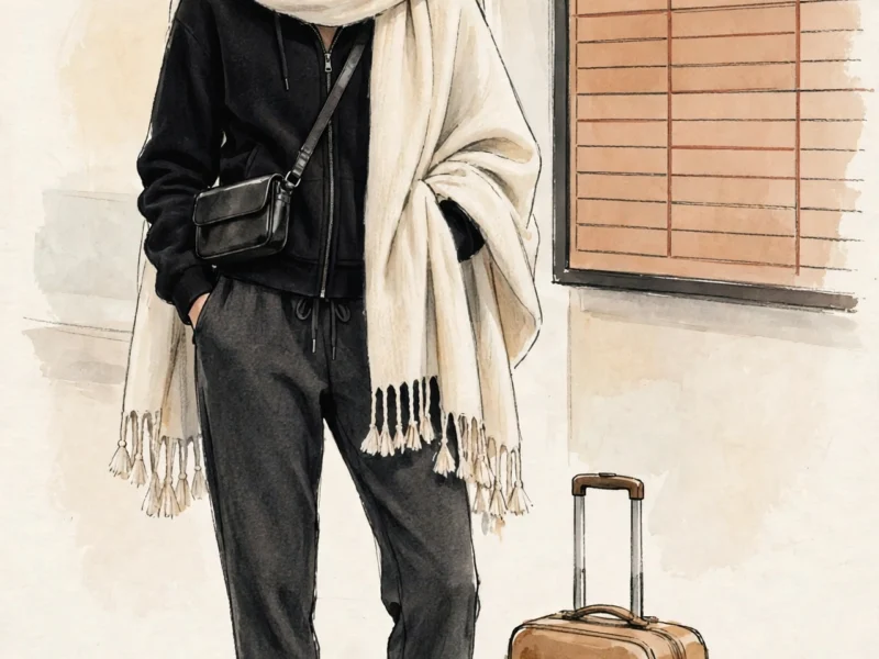 comfortable airport outfits illustrated — woman in fall travel layers at the airport