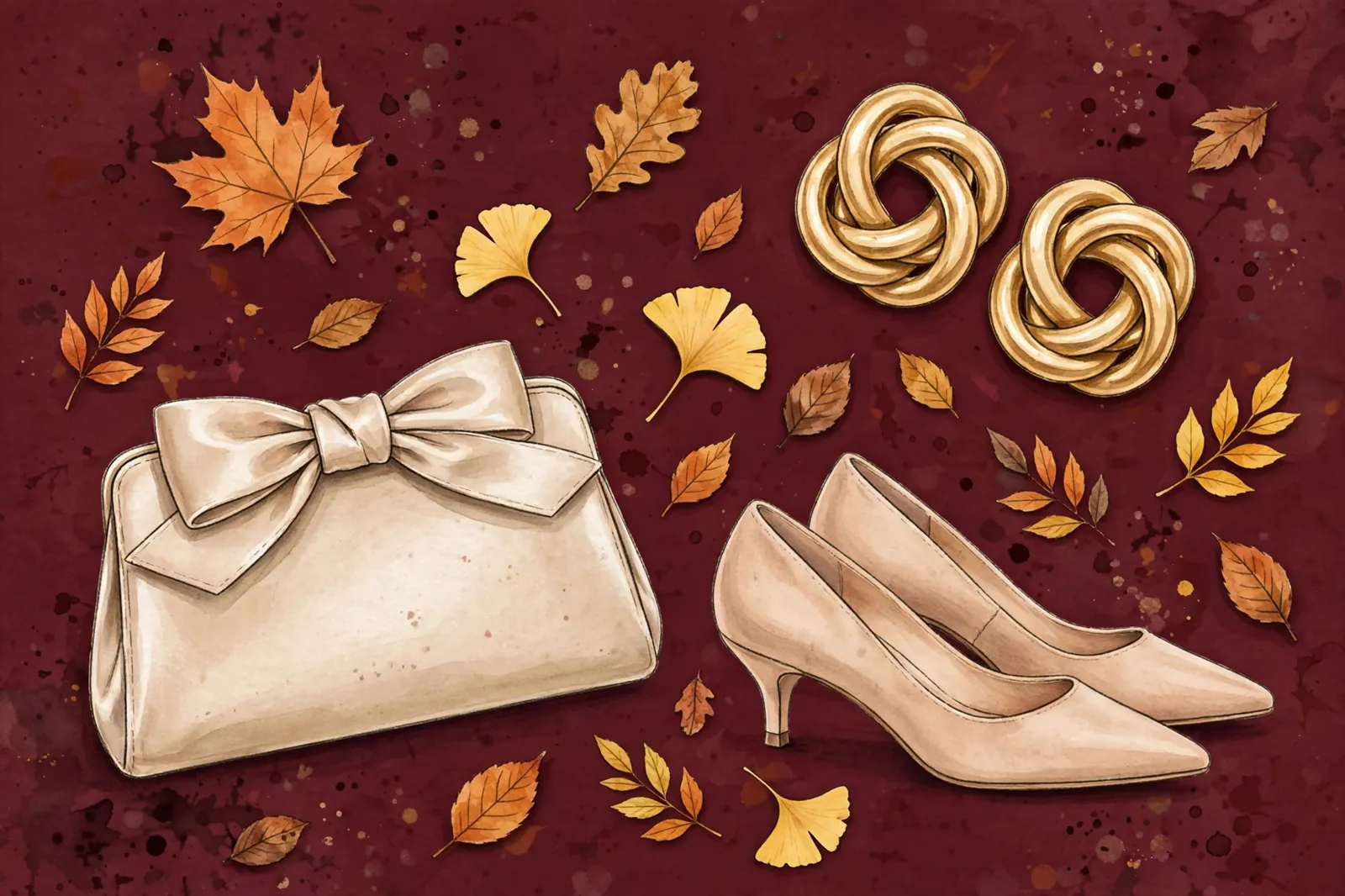 Illustrated flat-lay of fall date night outfits — satin clutch, gold earrings, and ankle boots on a burgundy background