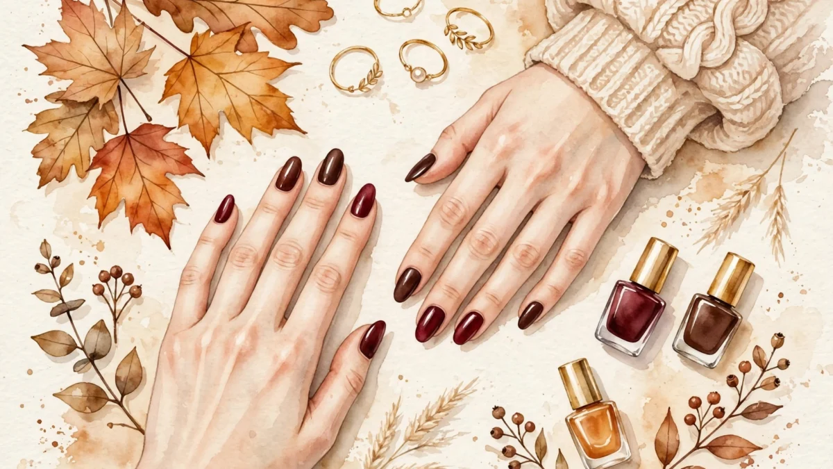 Fall nail polish colors flatlay with manicured hands in burgundy and chocolate shades