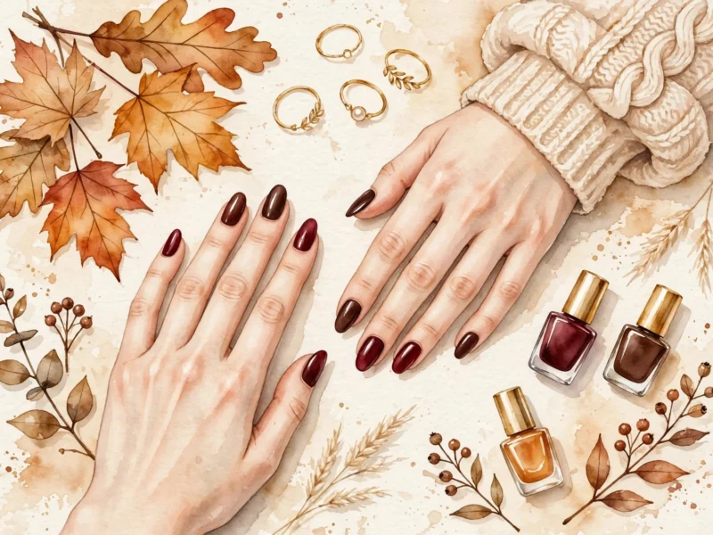 Fall nail polish colors flatlay with manicured hands in burgundy and chocolate shades