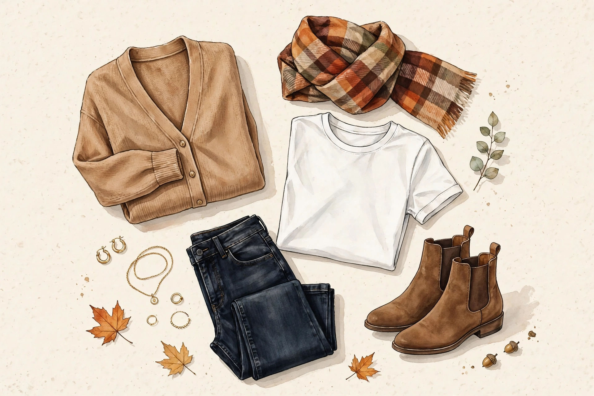 casual fall outfit flat lay with sweater jeans and boots