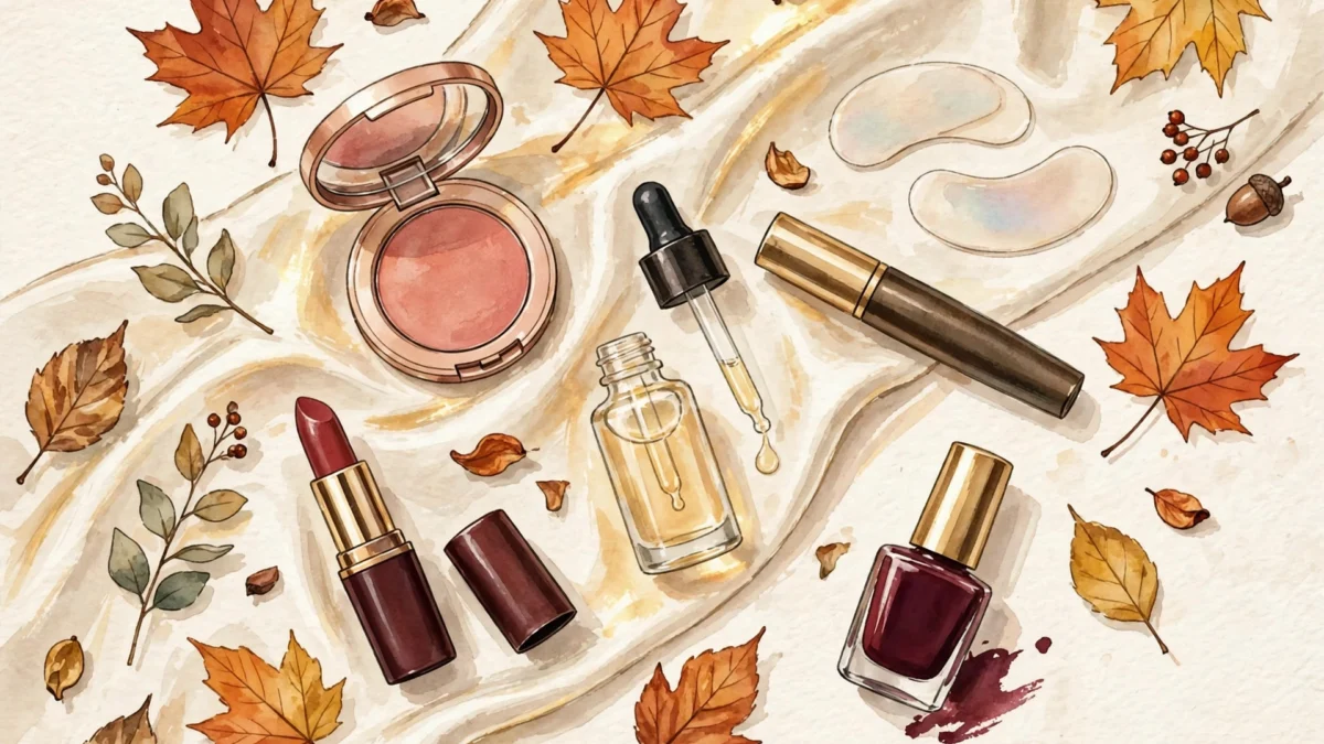 Affordable beauty finds fall — flat lay of budget-friendly skincare and makeup products for autumn