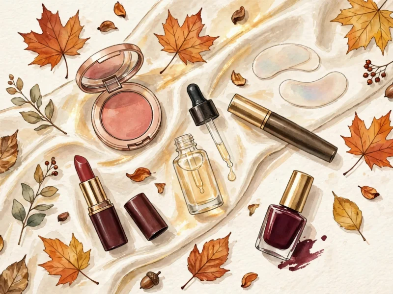 Affordable beauty finds fall — flat lay of budget-friendly skincare and makeup products for autumn