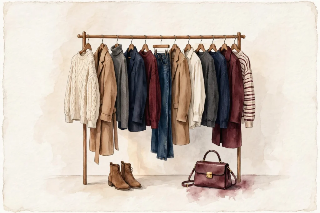 Organized fall capsule wardrobe closet in neutral tones