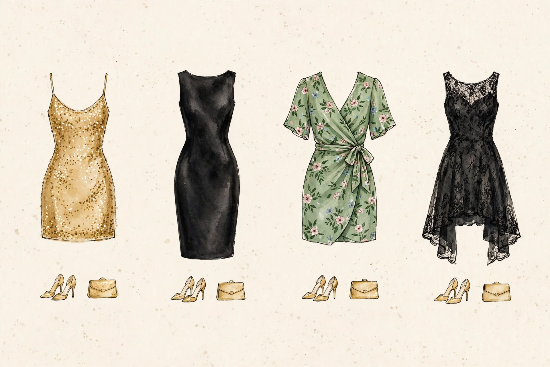 petite cocktail dress silhouettes — sequin mini, satin sheath, floral wrap, lace hi-lo