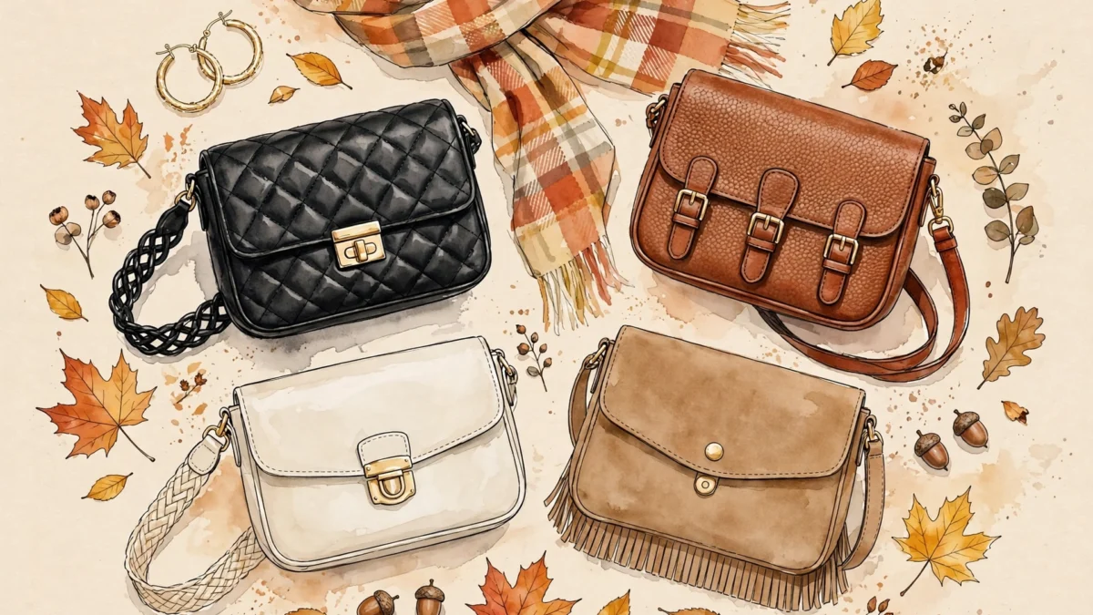AI-generated illustration of crossbody bags under $50 in neutral tones, flat-lay with fall styling
