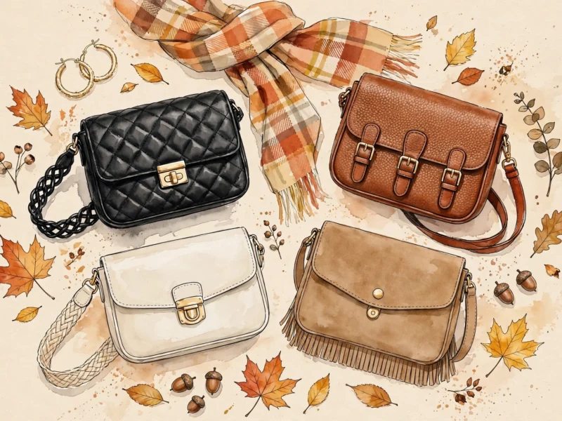 AI-generated illustration of crossbody bags under $50 in neutral tones, flat-lay with fall styling