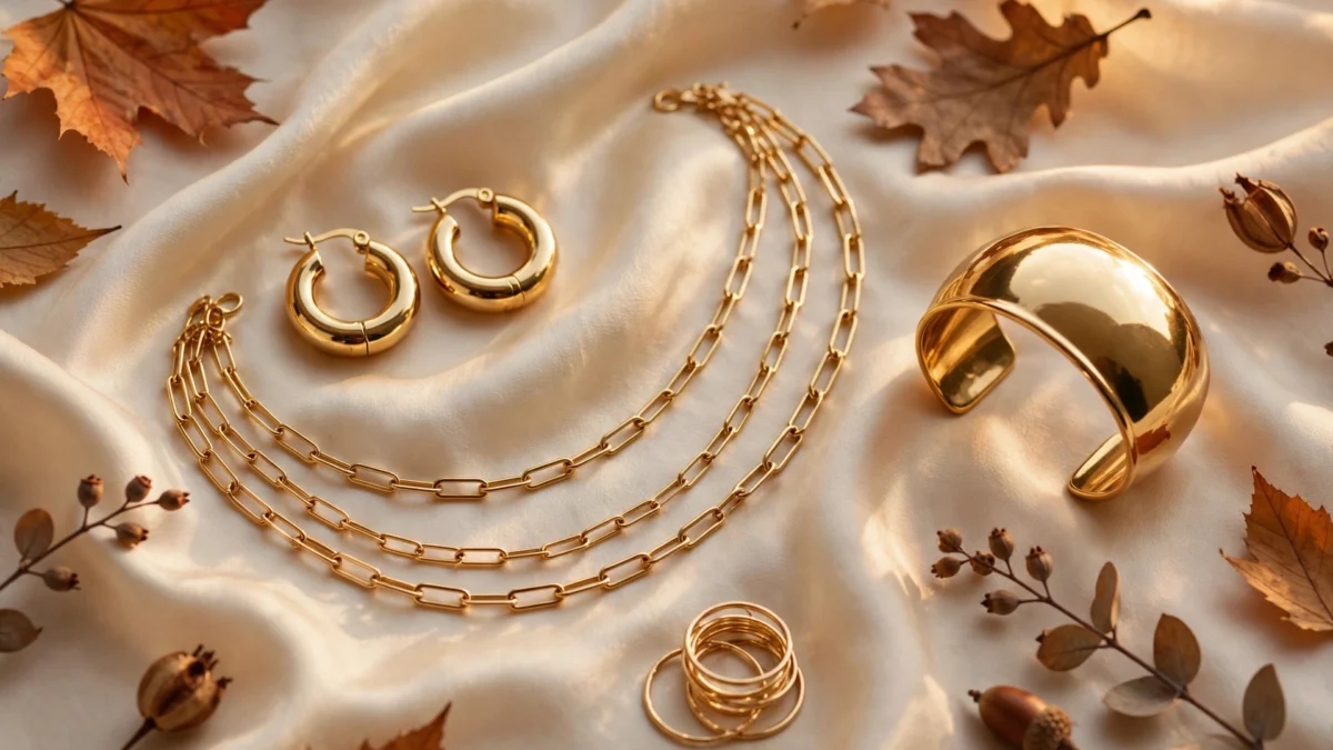 AI-generated illustration of gold fall jewelry — chunky hoop earrings, layered paperclip necklaces, cuff bracelet and stacking rings on cream silk with autumn leaves.