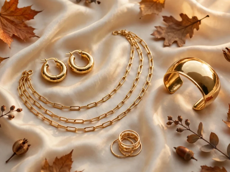 AI-generated illustration of gold fall jewelry — chunky hoop earrings, layered paperclip necklaces, cuff bracelet and stacking rings on cream silk with autumn leaves.