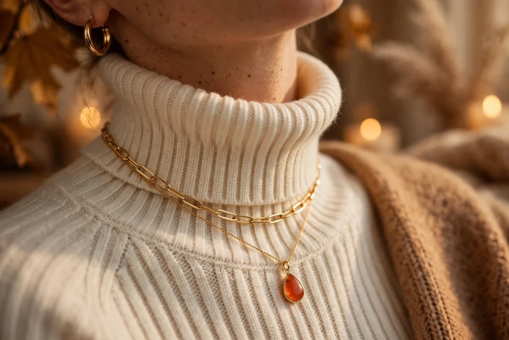 AI-generated illustration of layered gold necklaces with a carnelian pendant worn over a cream turtleneck sweater.