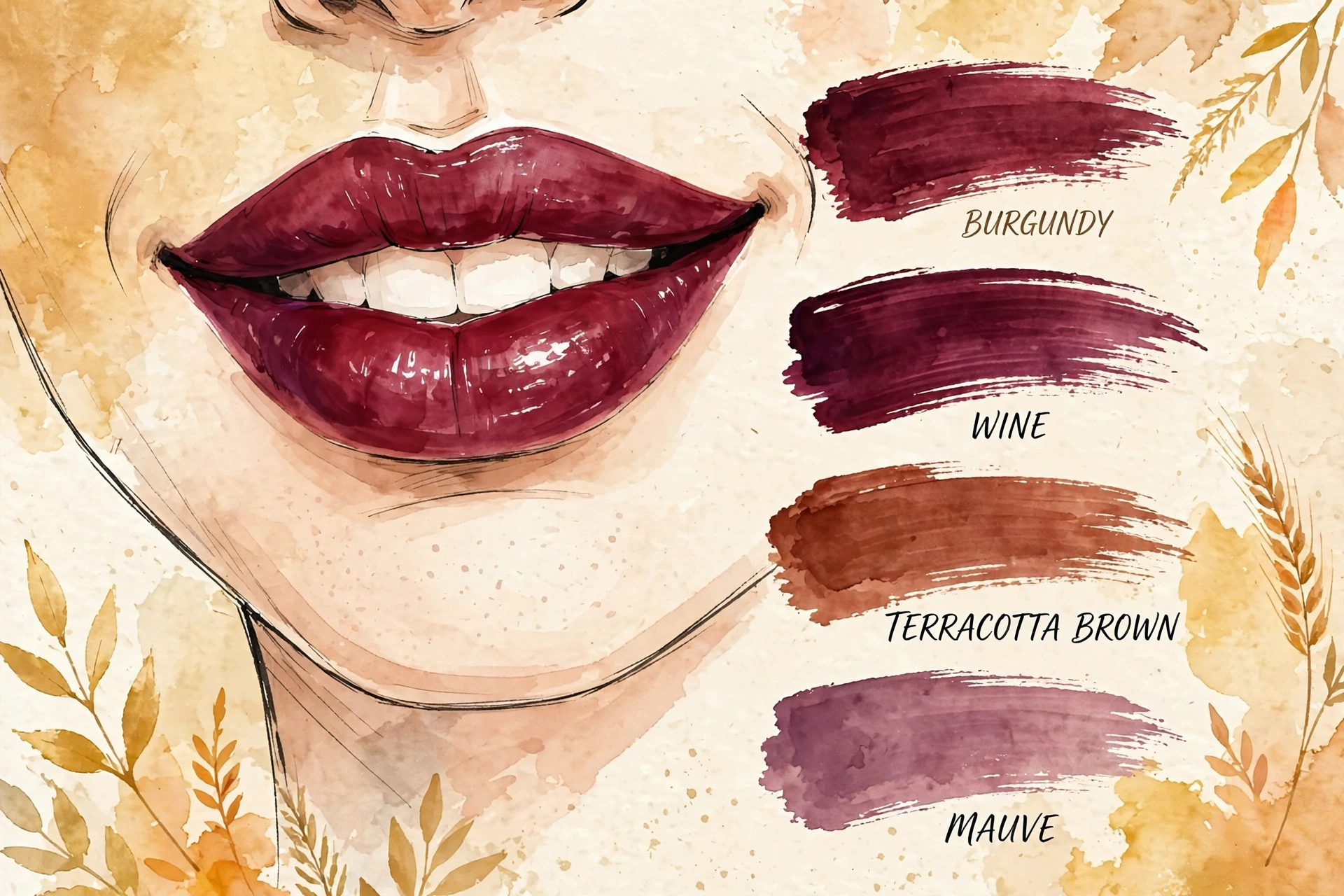 Fall lipstick shade swatches - berry, burgundy, brown, mauve illustration