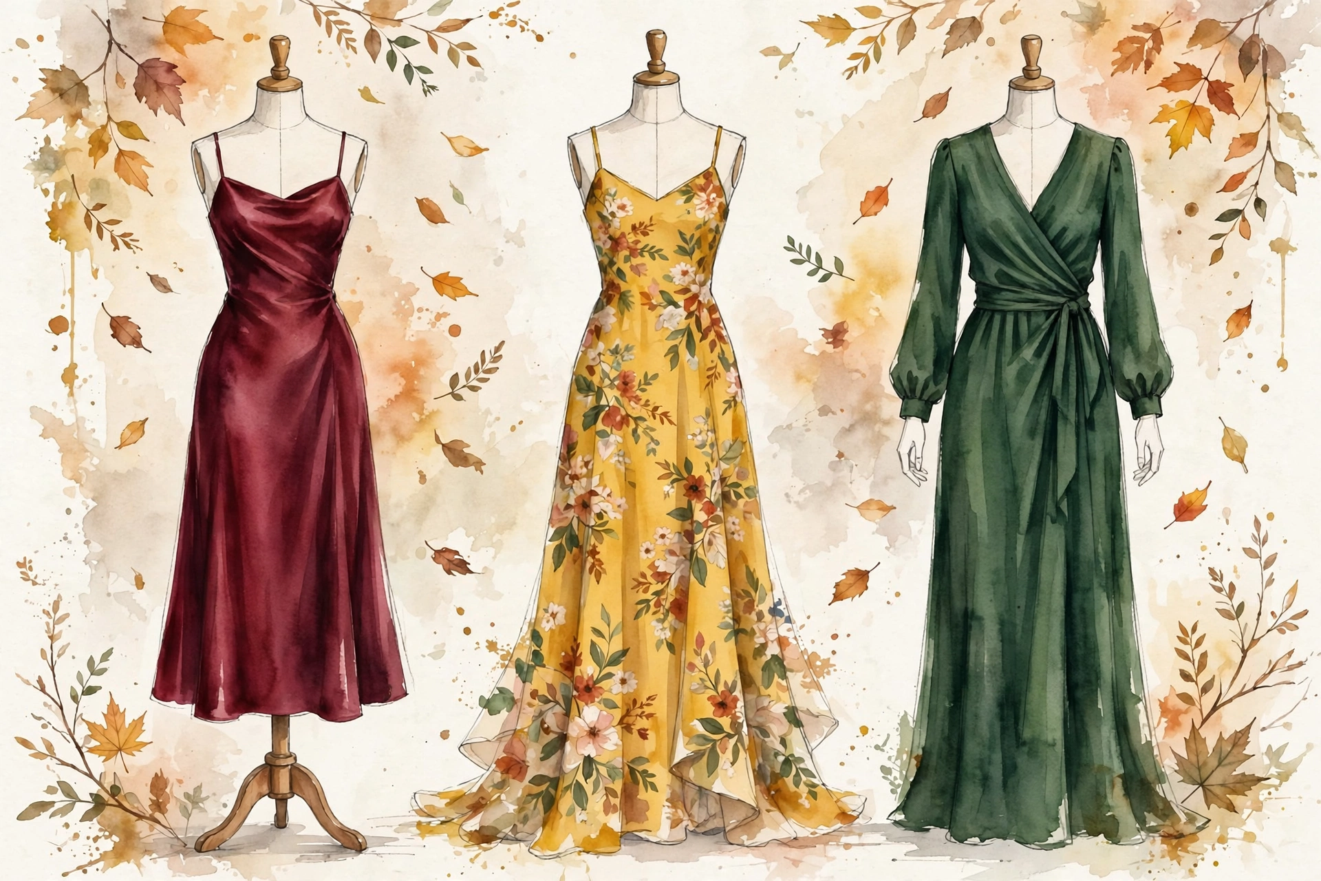 Illustration of fall wedding guest dresses under $50 in autumn colors