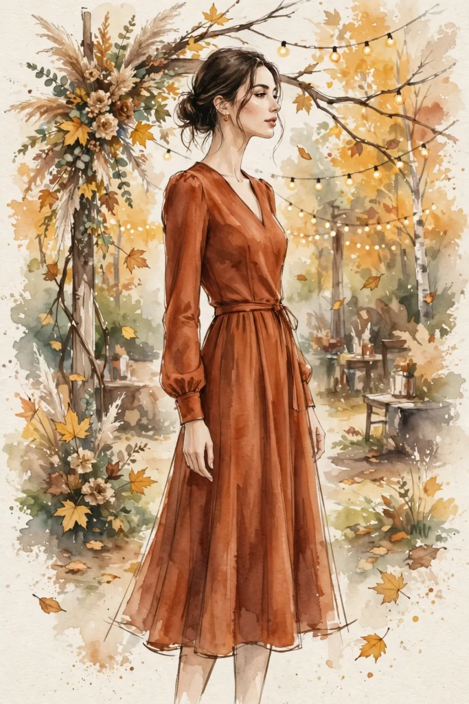 Illustration of a woman wearing a rust-colored fall wedding guest dress at an autumn outdoor wedding