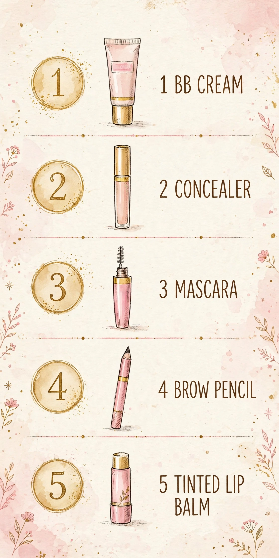 Beginner makeup kit 5-step routine: BB cream, concealer, mascara, brow pencil, tinted lip balm