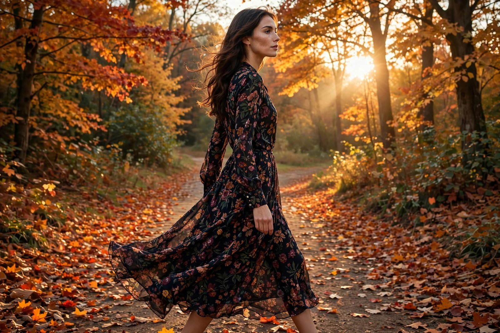 Autumn midi dress in warm fall colors