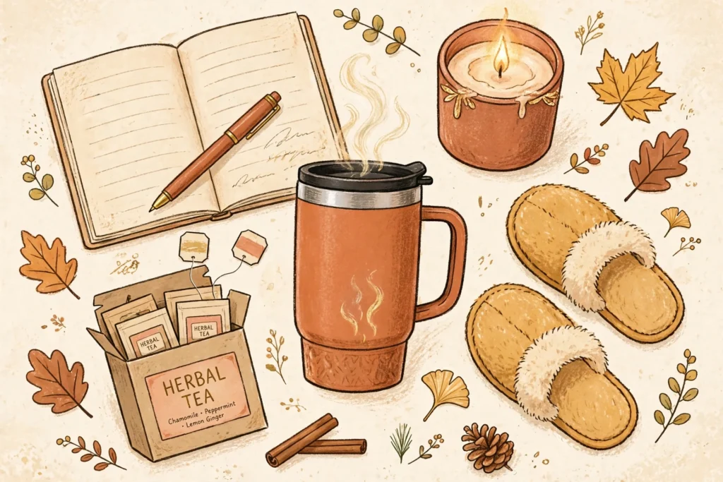 Cozy fall morning routine essentials flatlay with tea, journal and moisturizer