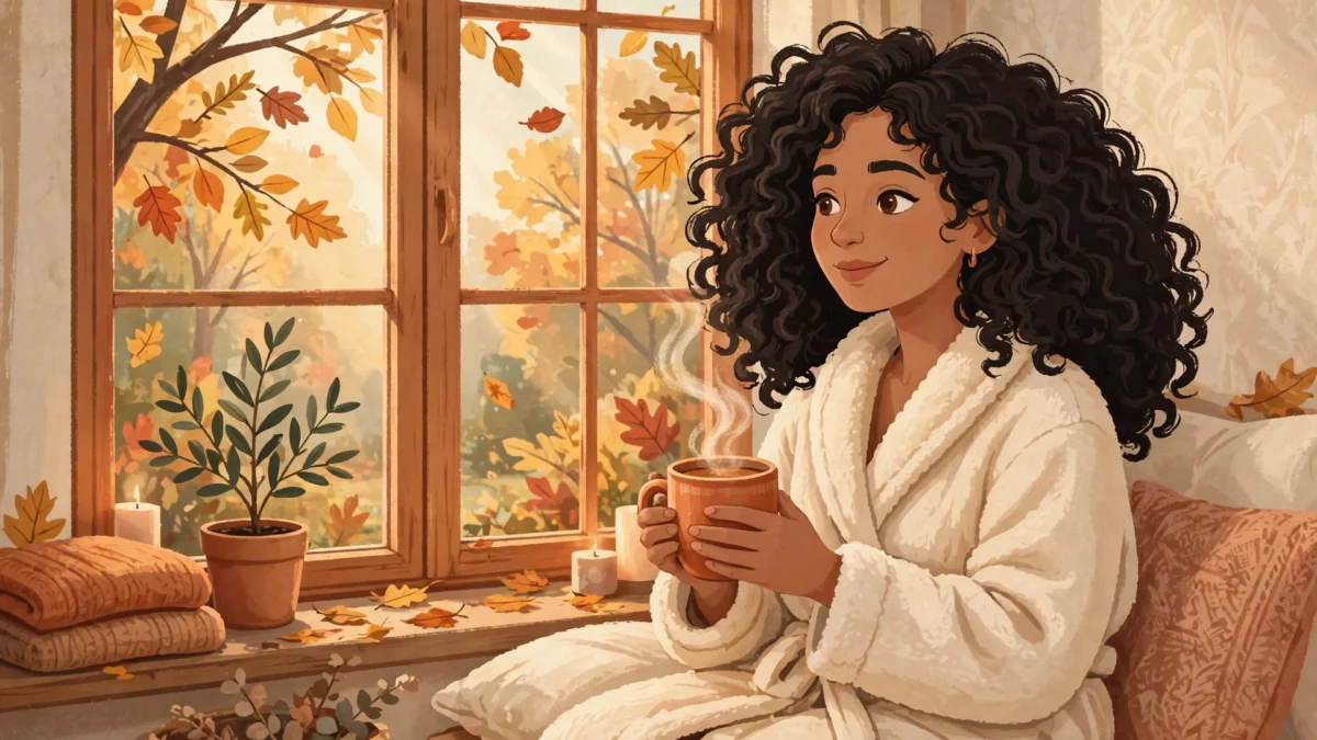 Cozy fall morning routine with warm drink by autumn window