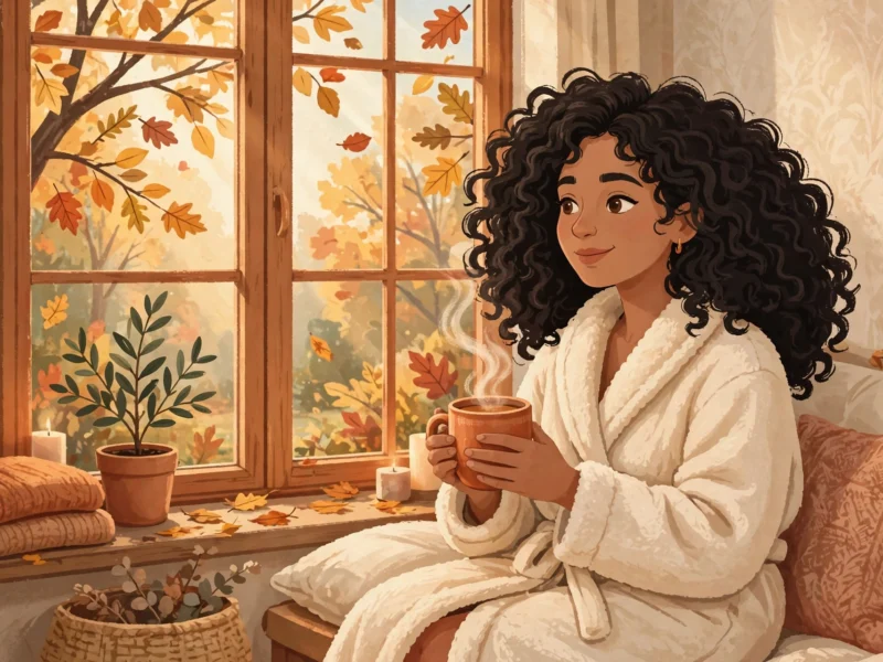 Cozy fall morning routine with warm drink by autumn window