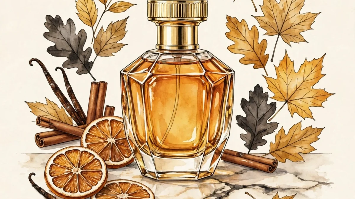 Fall perfume dupes illustration showing perfume bottles with autumn leaves