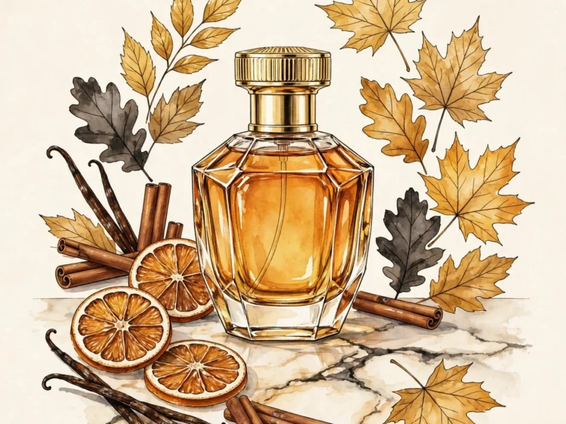 Fall perfume dupes illustration showing perfume bottles with autumn leaves
