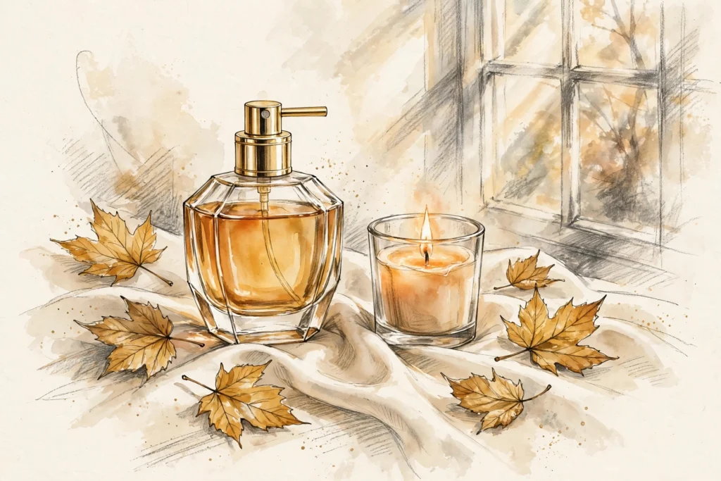 Fall perfume dupes vanity illustration with perfume bottles and autumn decor