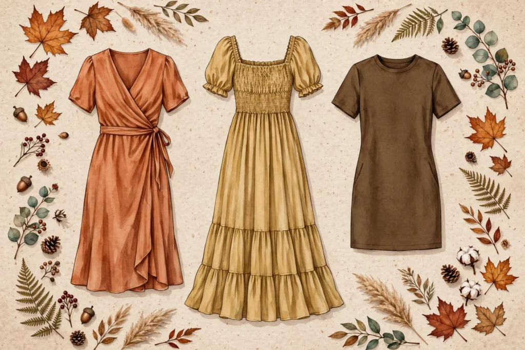 petite dresses under $50 – AI-generated flat-lay illustration of a wrap midi, a smocked maxi, and a mini shift in fall colors
