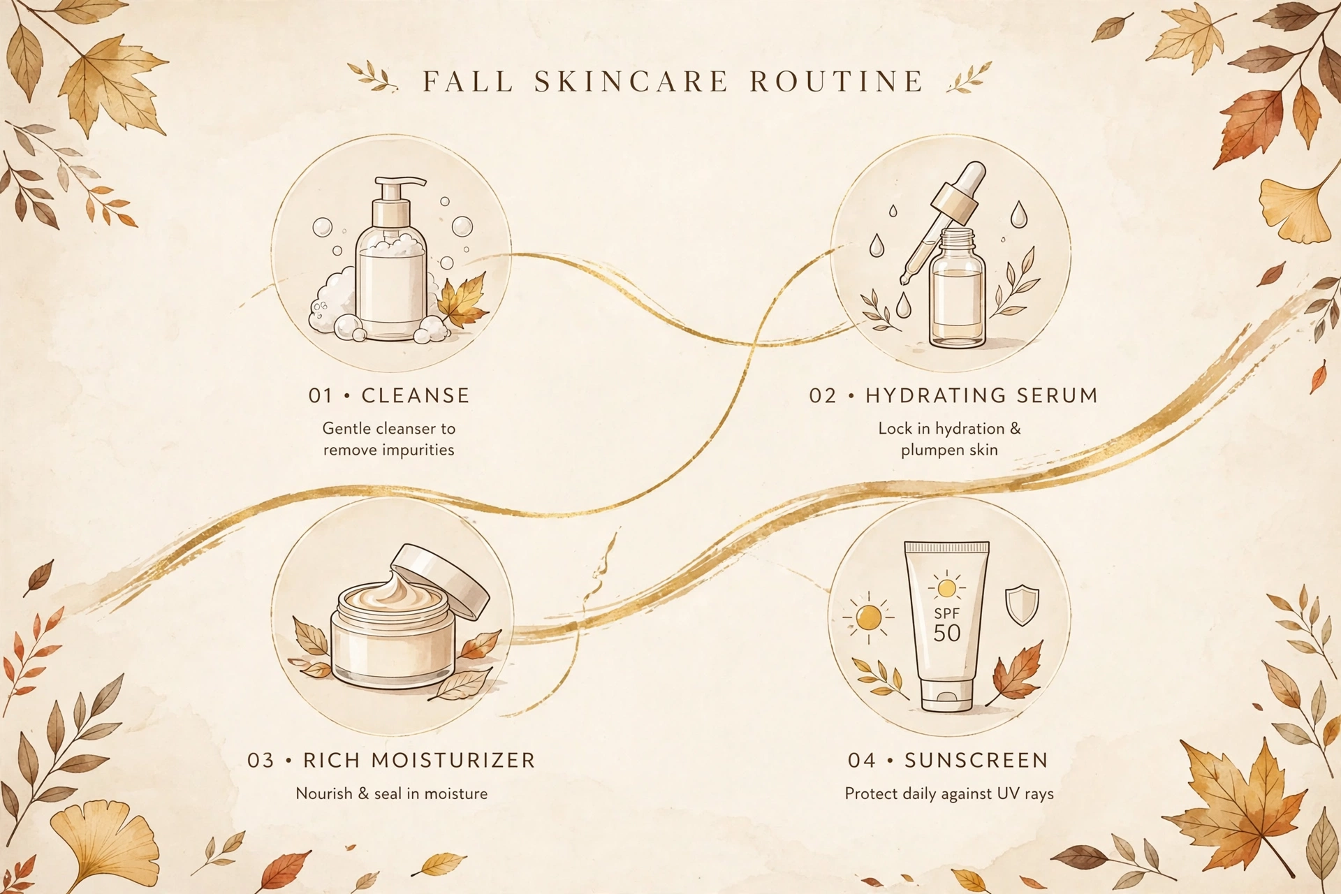 Four step fall skincare routine - cleanse, hydrate, moisturize, protect illustration