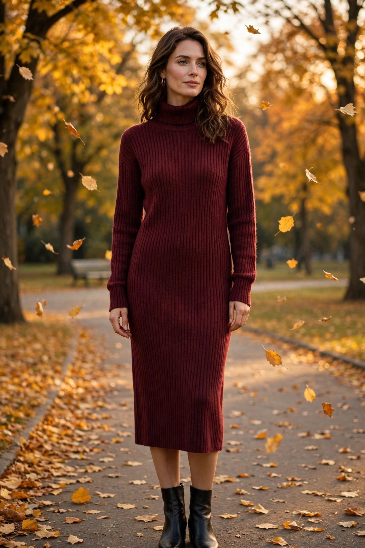 Burgundy cable knit sweater dress for fall