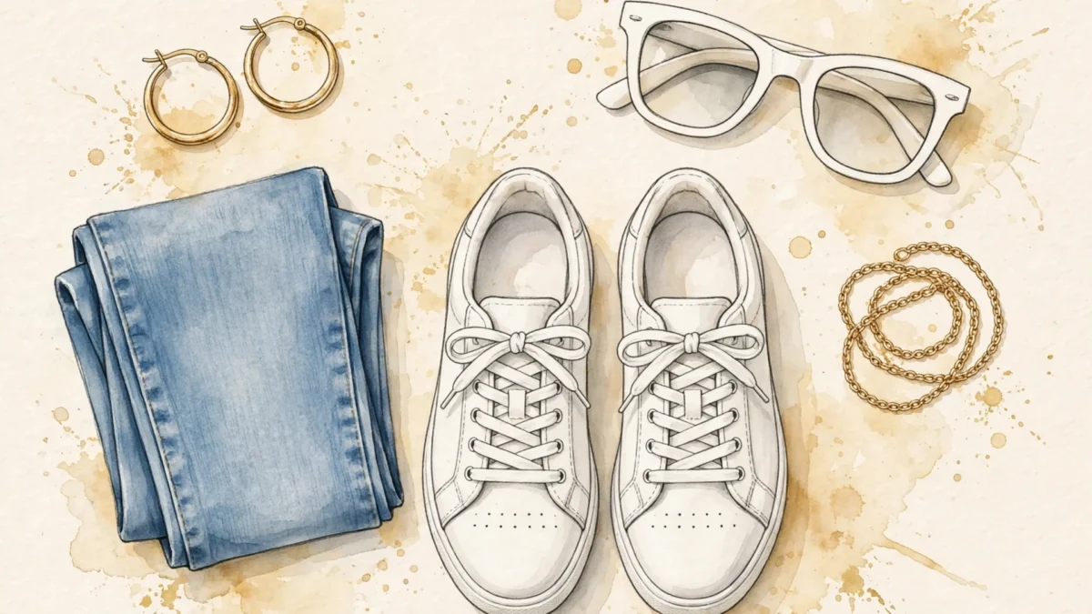 Affordable white sneakers women styling illustration