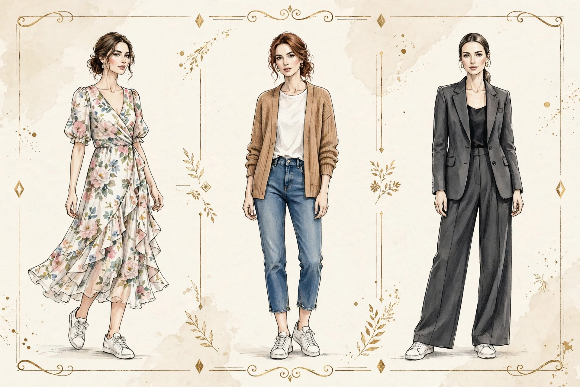Affordable white sneakers for women outfit styling illustration