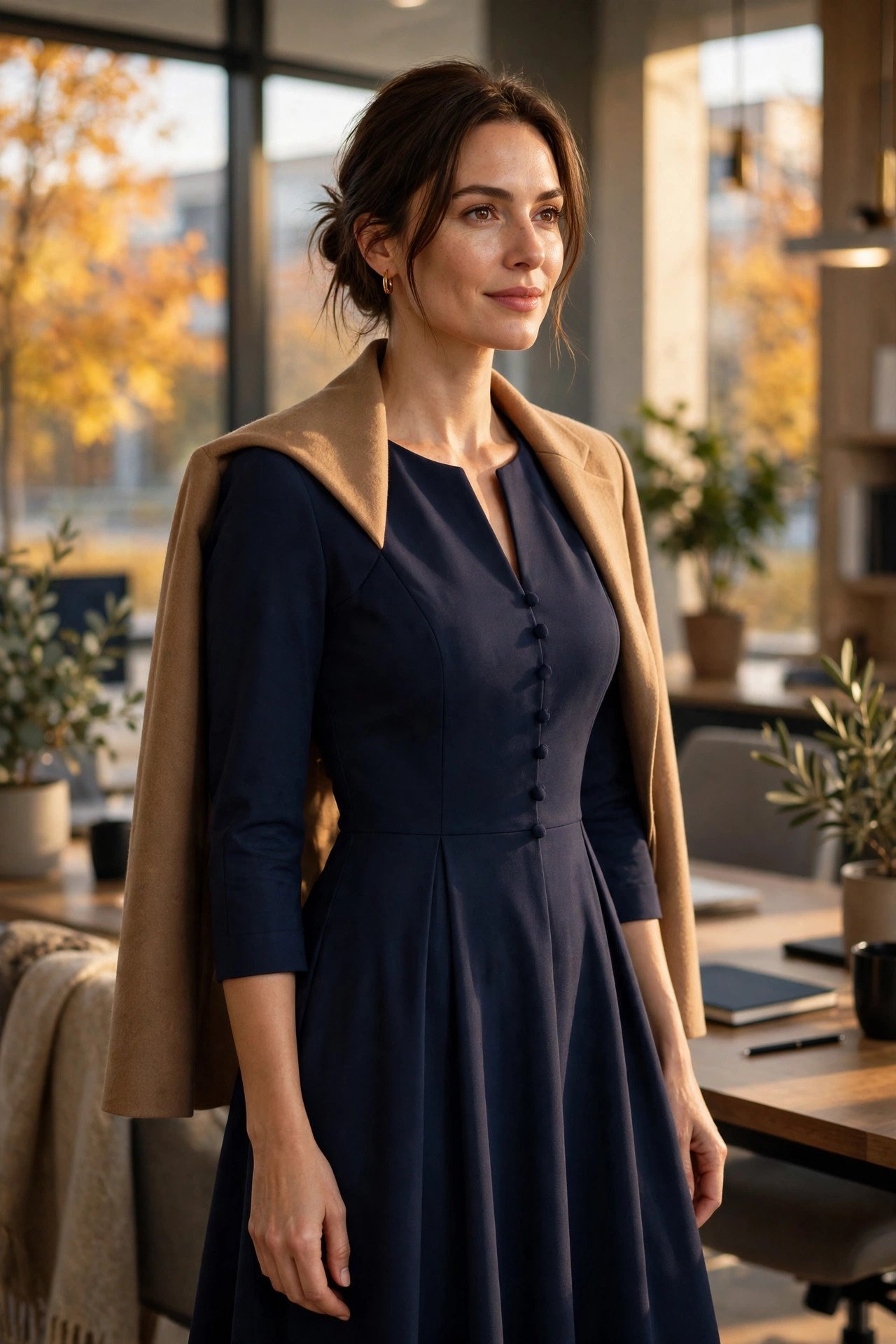 Navy work-appropriate fall dress