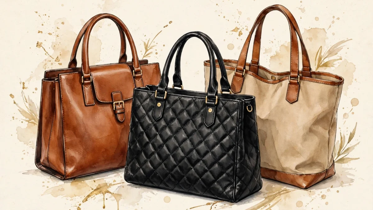 Illustrated collection of work tote bags under $50 that fit a laptop