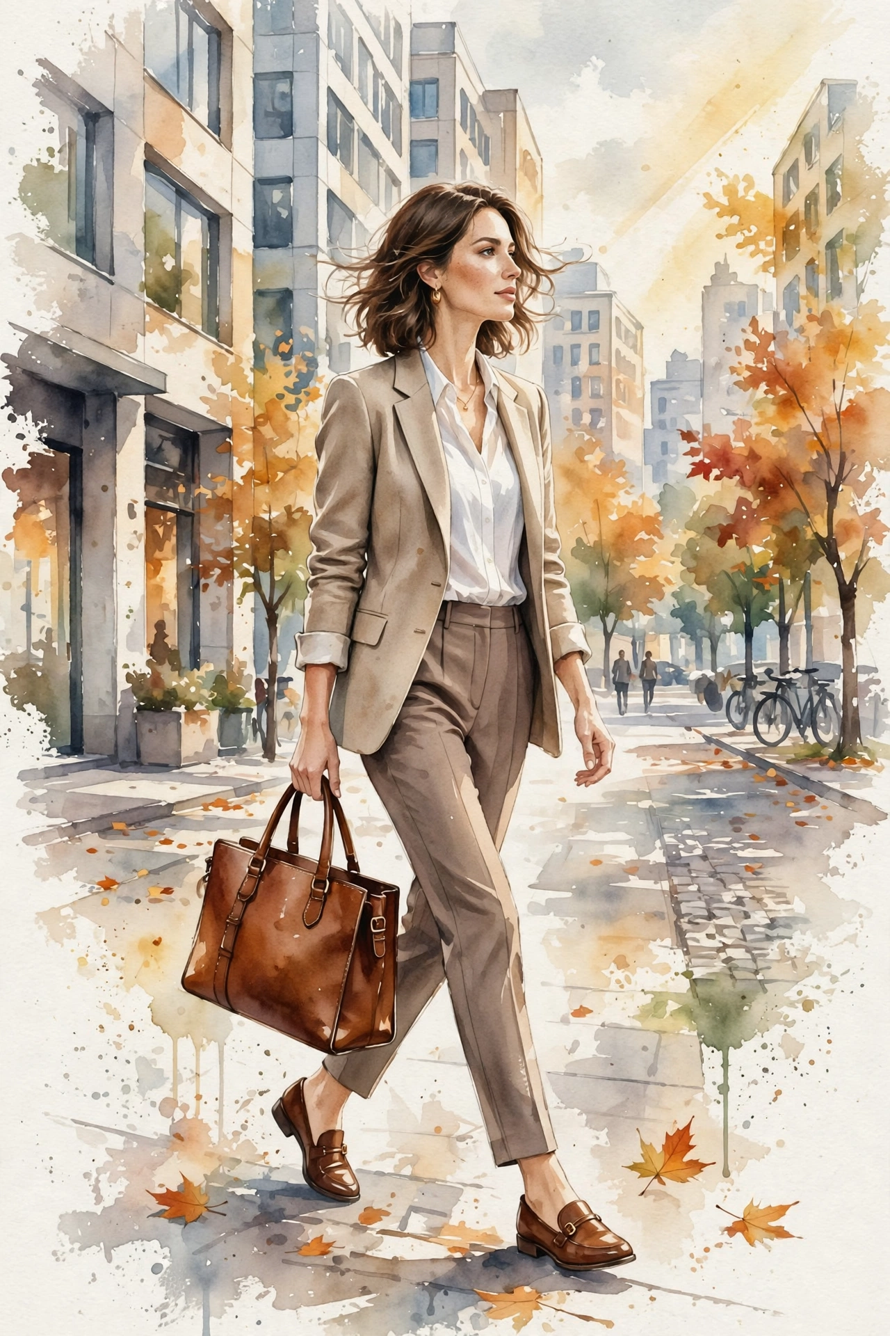 Illustrated commuter carrying a professional work tote bag to the office