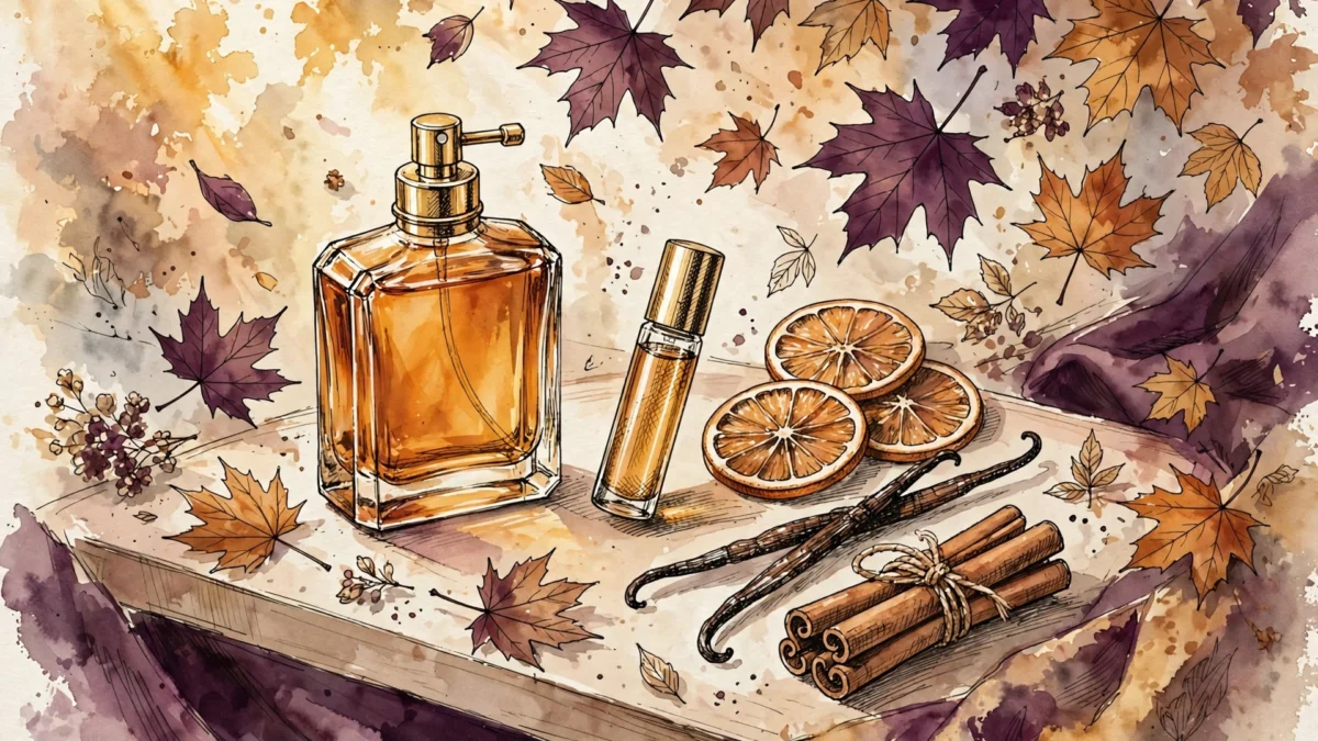 affordable fall perfumes under $25 — illustrated fall perfume bottles
