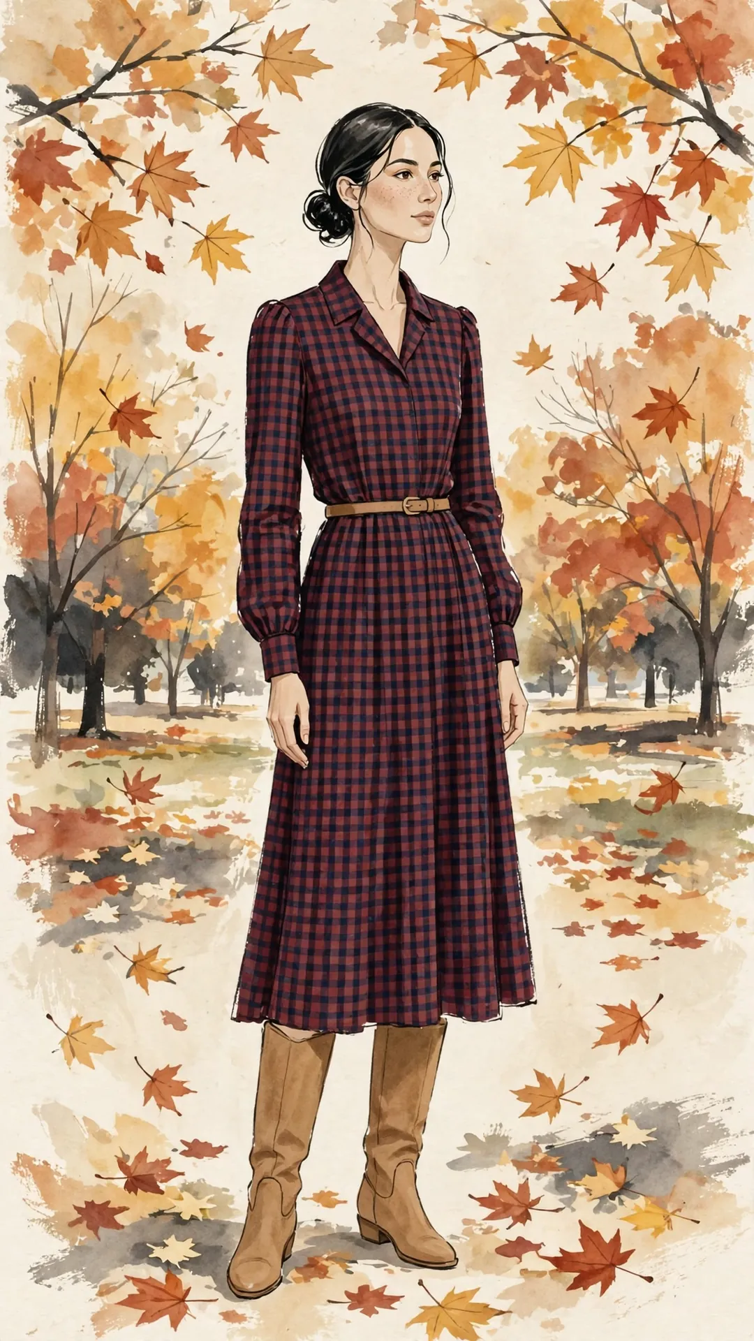 petite fall dresses — plaid midi dress illustration