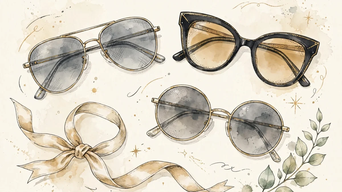 Affordable sunglasses — illustrated flat-lay of aviator, cat-eye and round styles