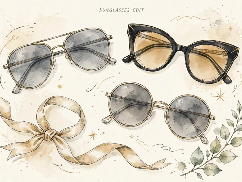 Affordable sunglasses — illustrated flat-lay of aviator, cat-eye and round styles